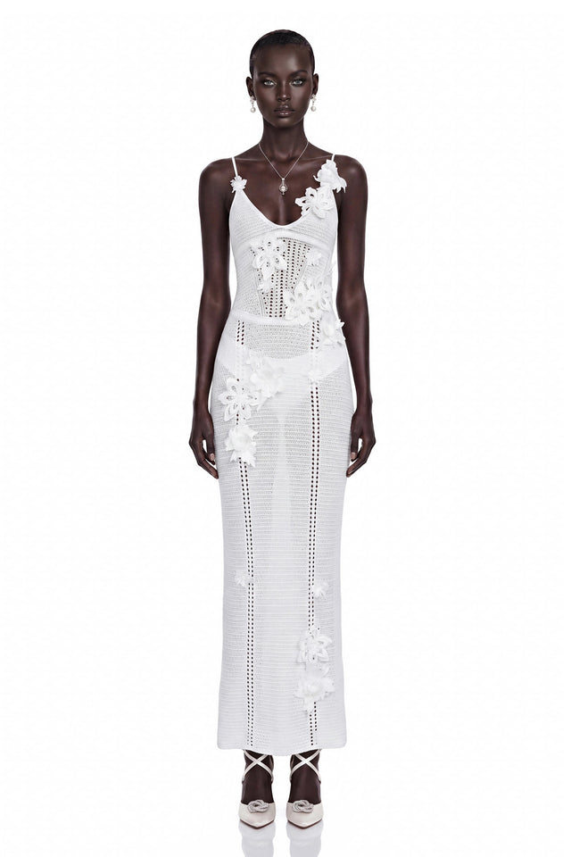 Isabelle White Knit Maxi Dress with 3D Florals