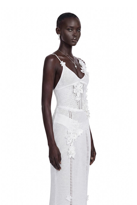 Madeline Maxi Dress White Knit with 3D Florals