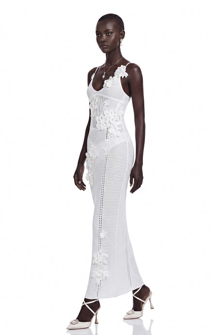 Madeline Maxi Dress White Knit with 3D Florals