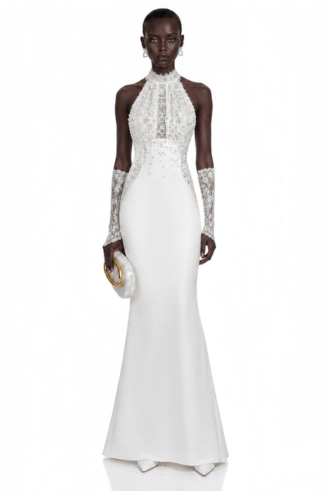 Filomena Maxi Dress White Turtleneck Sequin Ruched (Without Gloves)