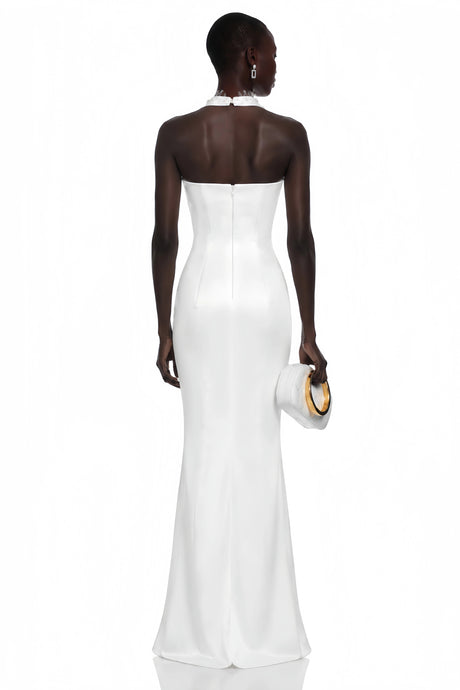 Filomena Maxi Dress White Turtleneck Sequin Ruched (Without Gloves)