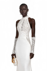 Isabelle White Turtleneck Sequin Ruched Maxi Dress Without Gloves