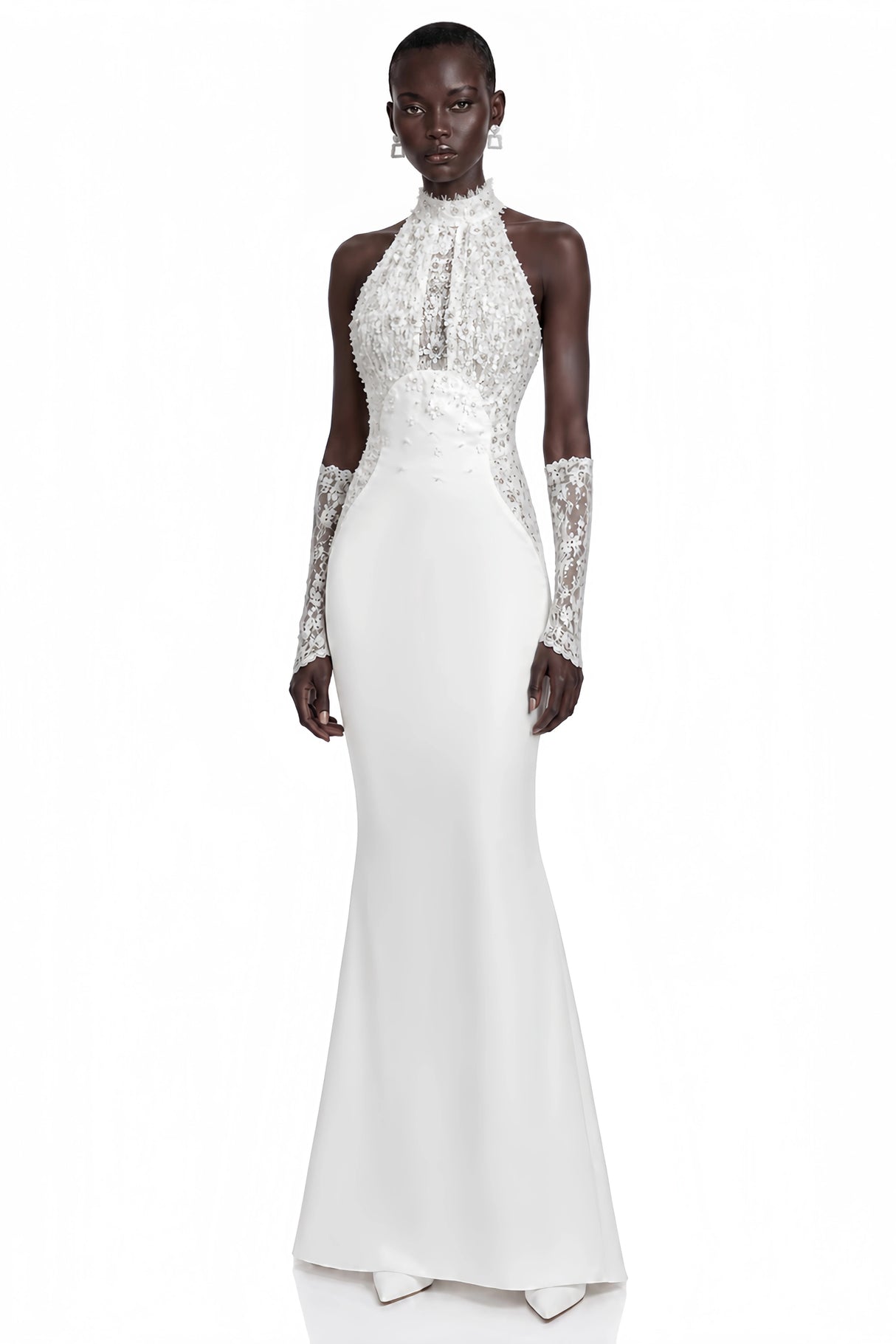 Isabelle White Turtleneck Sequin Ruched Maxi Dress Without Gloves