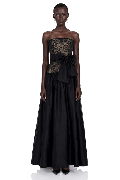 Fiorella Maxi Dress Black Geometric Print Off Shoulder with Bow