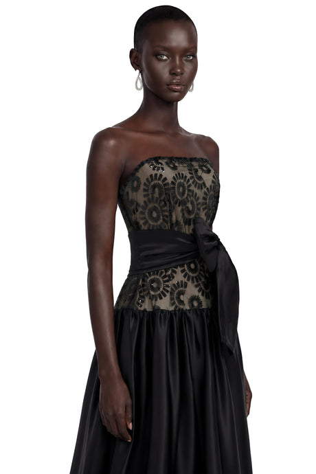 Fiorella Maxi Dress Black Geometric Print Off Shoulder with Bow