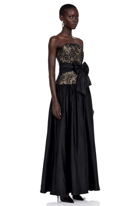 Fiorella Maxi Dress Black Geometric Print Off Shoulder with Bow