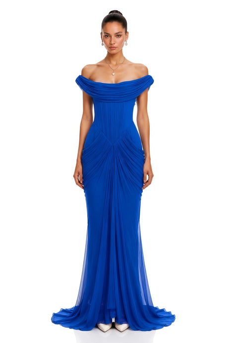 Mckenna Maxi Dress Blue Off Shoulder Ruched Draped