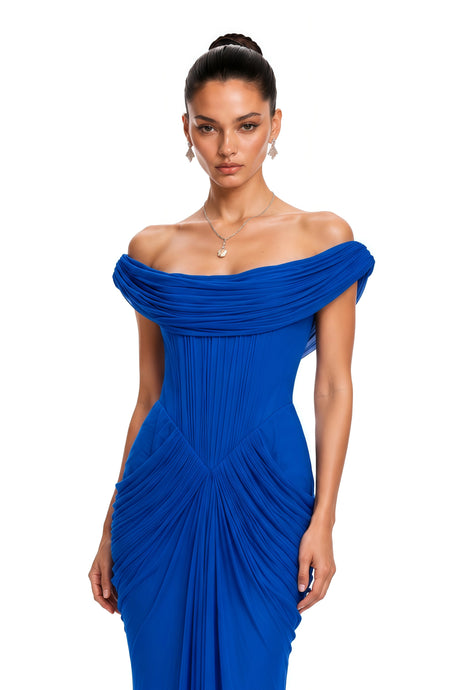 Mckenna Maxi Dress Blue Off Shoulder Ruched Draped