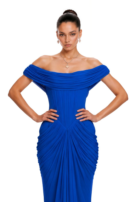 Mckenna Maxi Dress Blue Off Shoulder Ruched Draped