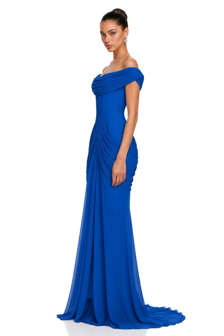 Mckenna Maxi Dress Blue Off Shoulder Ruched Draped