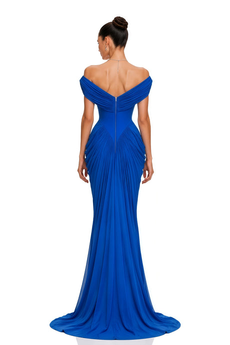 Mckenna Maxi Dress Blue Off Shoulder Ruched Draped