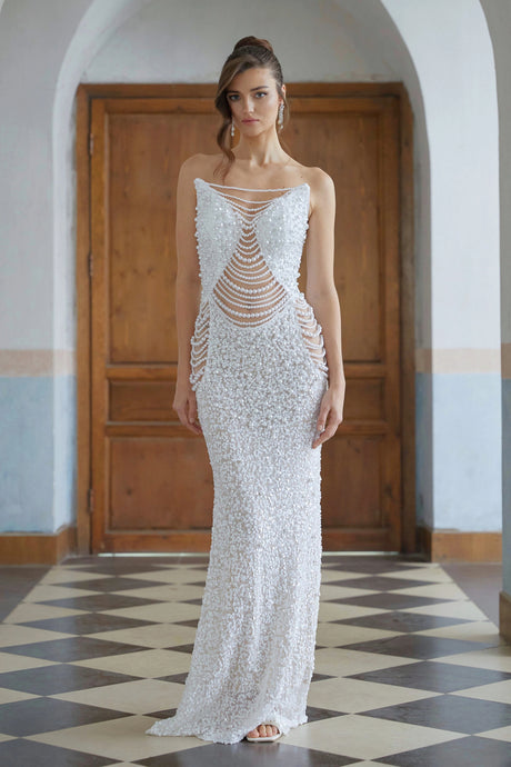 Raegan White Faux Pearl Mesh Maxi Gown