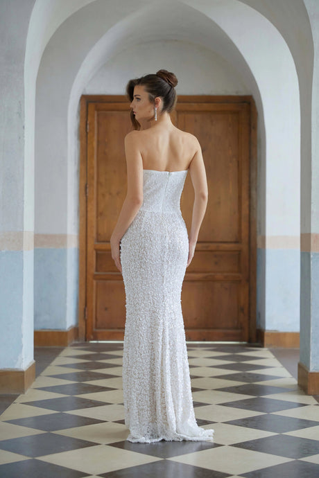 Raegan White Faux Pearl Mesh Maxi Gown