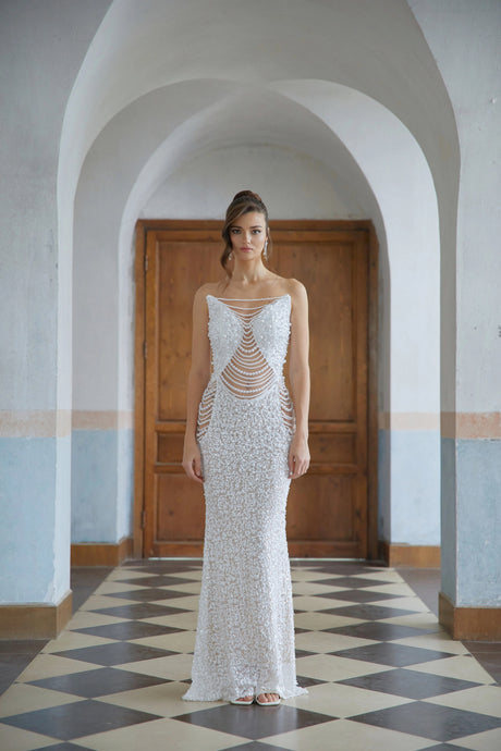Raegan White Faux Pearl Mesh Maxi Gown