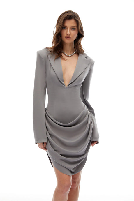 Jessica Dress Grey V Neck Draped Mini Blazer