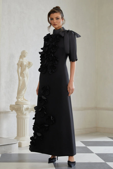 Leona Maxi Dress Black Bowknot Floral Appliqué