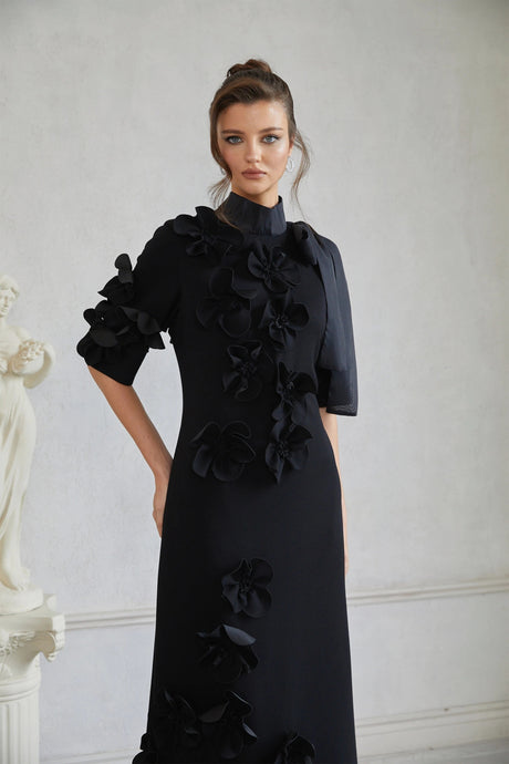 Leona Maxi Dress Black Bowknot Floral Appliqué