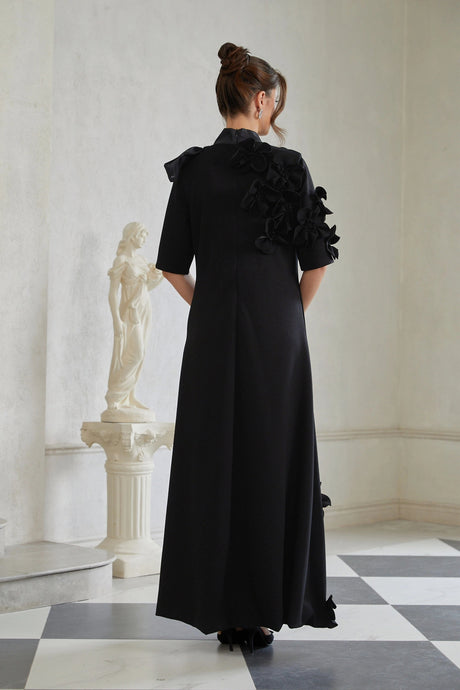 Leona Maxi Dress Black Bowknot Floral Appliqué