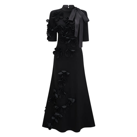 Leona Maxi Dress Black Bowknot Floral Appliqué
