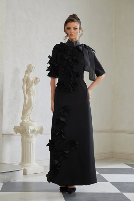 Leona Maxi Dress Black Bowknot Floral Appliqué