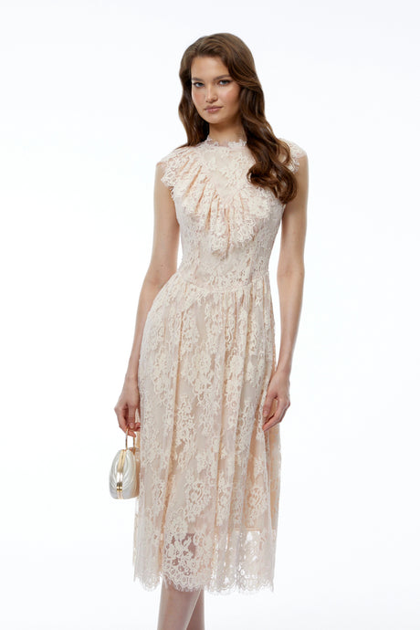 Rory Midi Dress Pink Sleeveless Ruched with Lace Trim