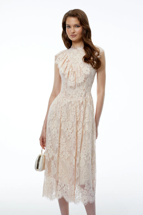 Rory Midi Dress Pink Sleeveless Ruched with Lace Trim