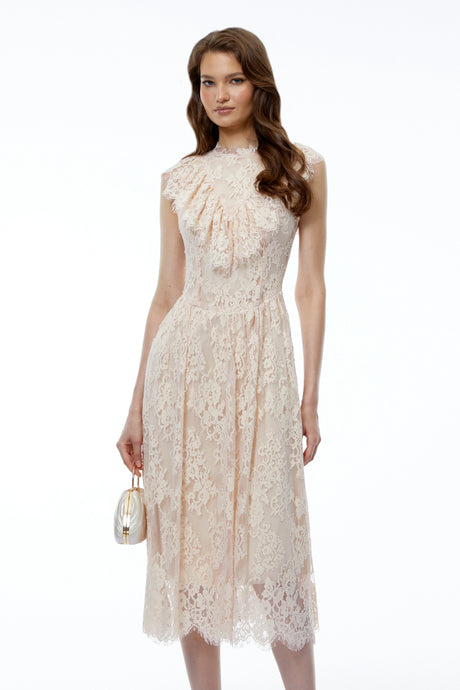 Rory Midi Dress Pink Sleeveless Ruched with Lace Trim