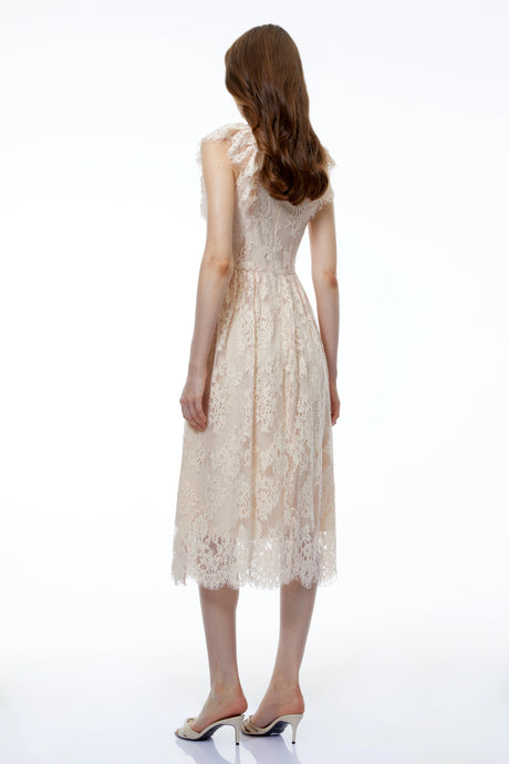 Rory Midi Dress Pink Sleeveless Ruched with Lace Trim