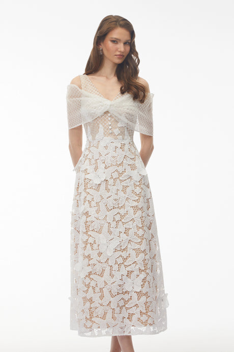 Macy Midi Dress White Cold Shoulder with Butterfly Applique