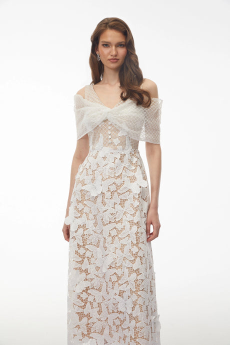 Macy Midi Dress White Cold Shoulder with Butterfly Applique