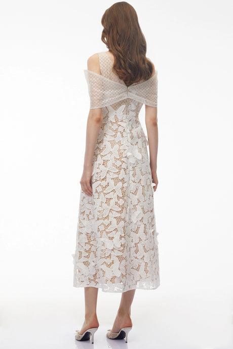 Macy Midi Dress White Cold Shoulder with Butterfly Applique