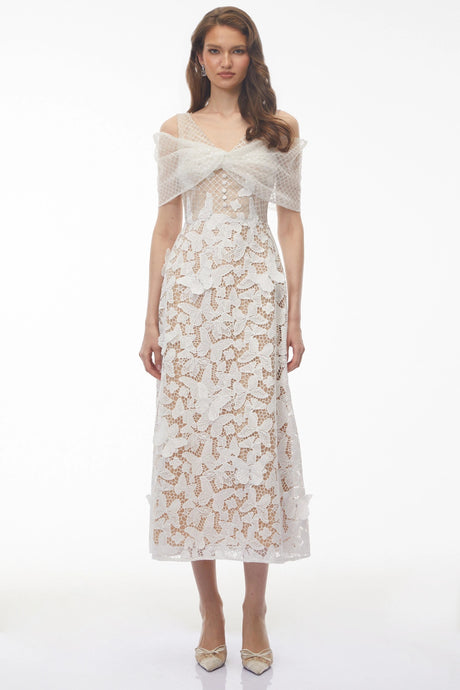 Macy Midi Dress White Cold Shoulder with Butterfly Applique