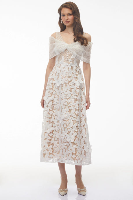 Macy Midi Dress White Cold Shoulder with Butterfly Applique