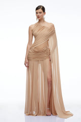 Isolde Brown One Shoulder Ruched Maxi Dress