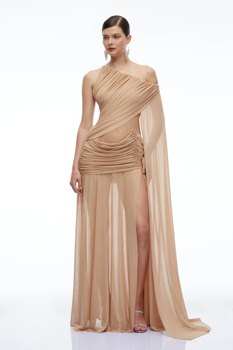 Everleigh Maxi Dress Brown One Shoulder Ruched