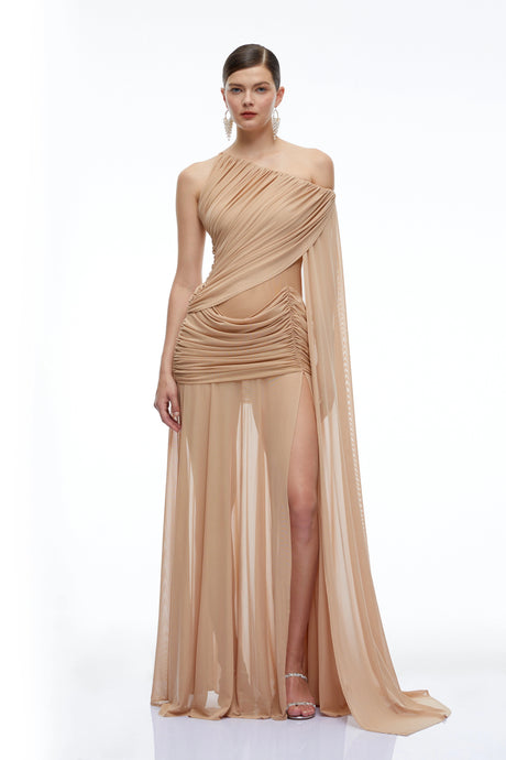 Everleigh Maxi Dress Brown One Shoulder Ruched