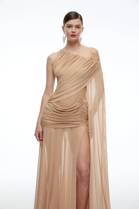 Everleigh Maxi Dress Brown One Shoulder Ruched