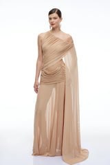 Isolde Brown One Shoulder Ruched Maxi Dress