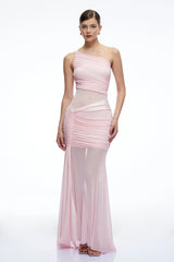 Isolde Pink One Shoulder Mesh Ruched Maxi Dress