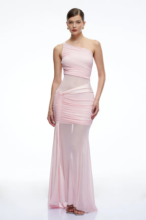 Isolde Pink One Shoulder Mesh Ruched Maxi Dress