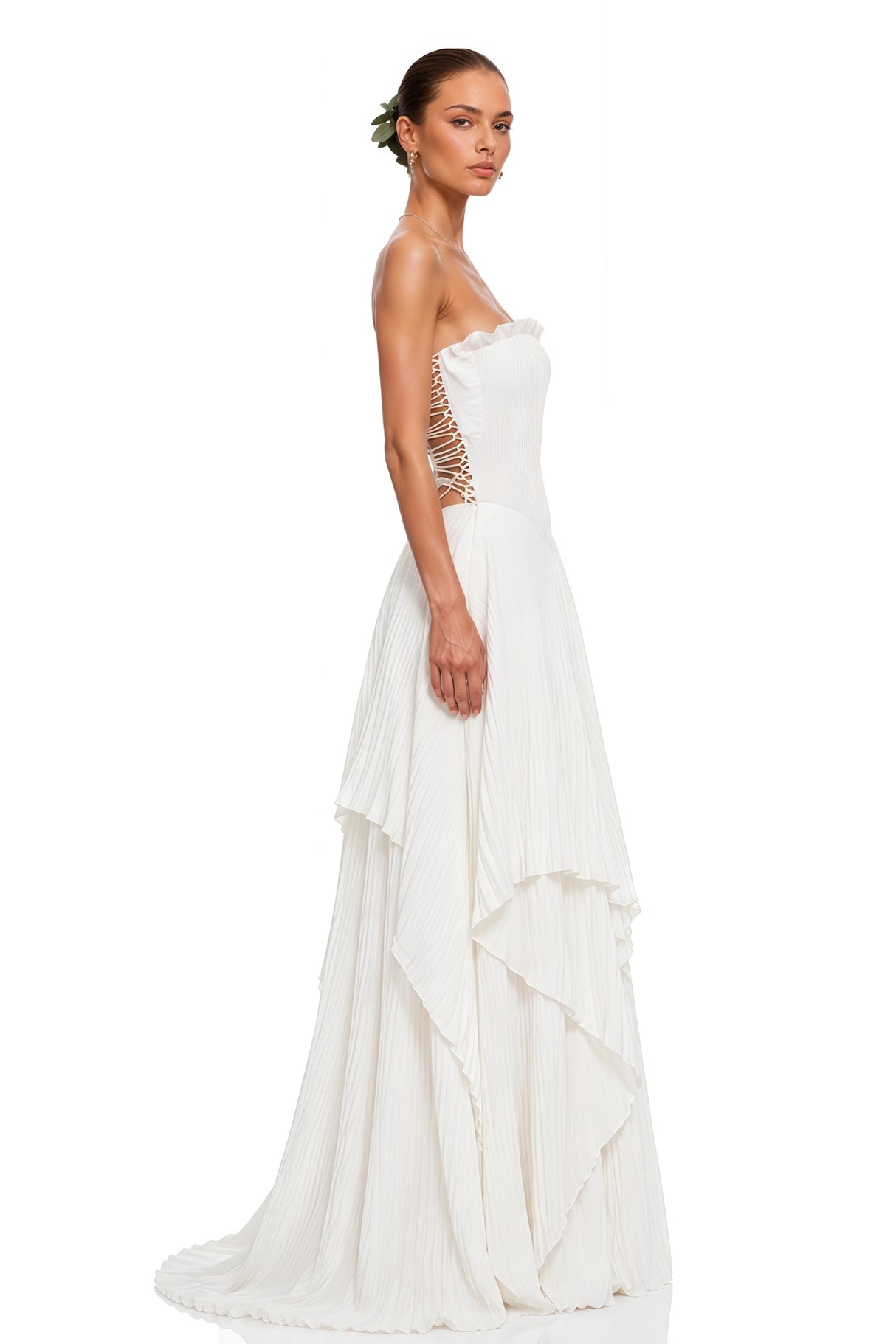 Isolde White Pleated Strapless Maxi Dress