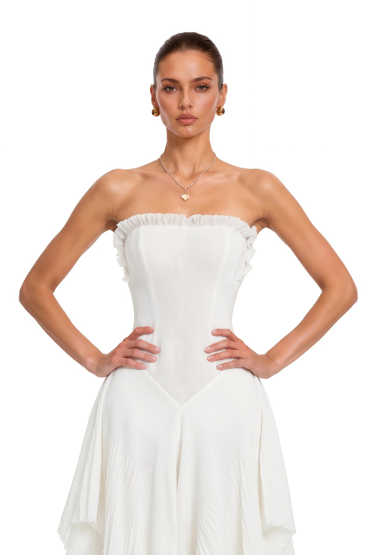Isolde White Pleated Strapless Maxi Dress