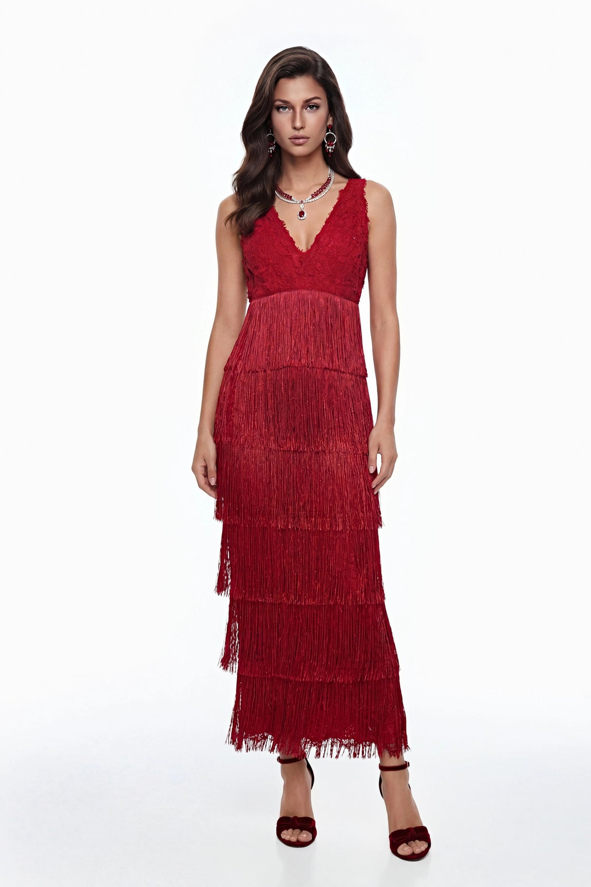 Isoldeia Red Sleeveless Lace Maxi Dress