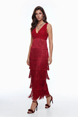 Isoldeia Red Sleeveless Lace Maxi Dress