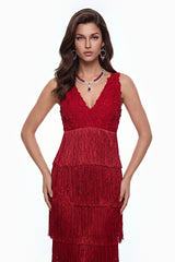 Isoldeia Red Sleeveless Lace Maxi Dress