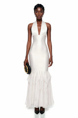 Isolete White Halterneck Ruffled Ruched Maxi Dress