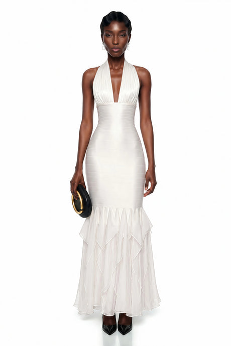 Sara Maxi Dress White Halterneck Ruffled Ruched
