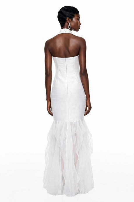 Sara Maxi Dress White Halterneck Ruffled Ruched