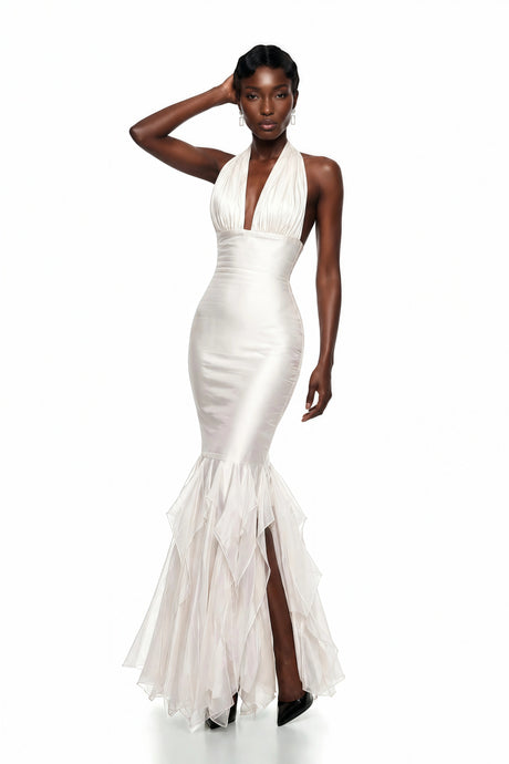 Sara Maxi Dress White Halterneck Ruffled Ruched