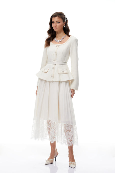 Giannina Midi Dress White Lace Panel Tweed